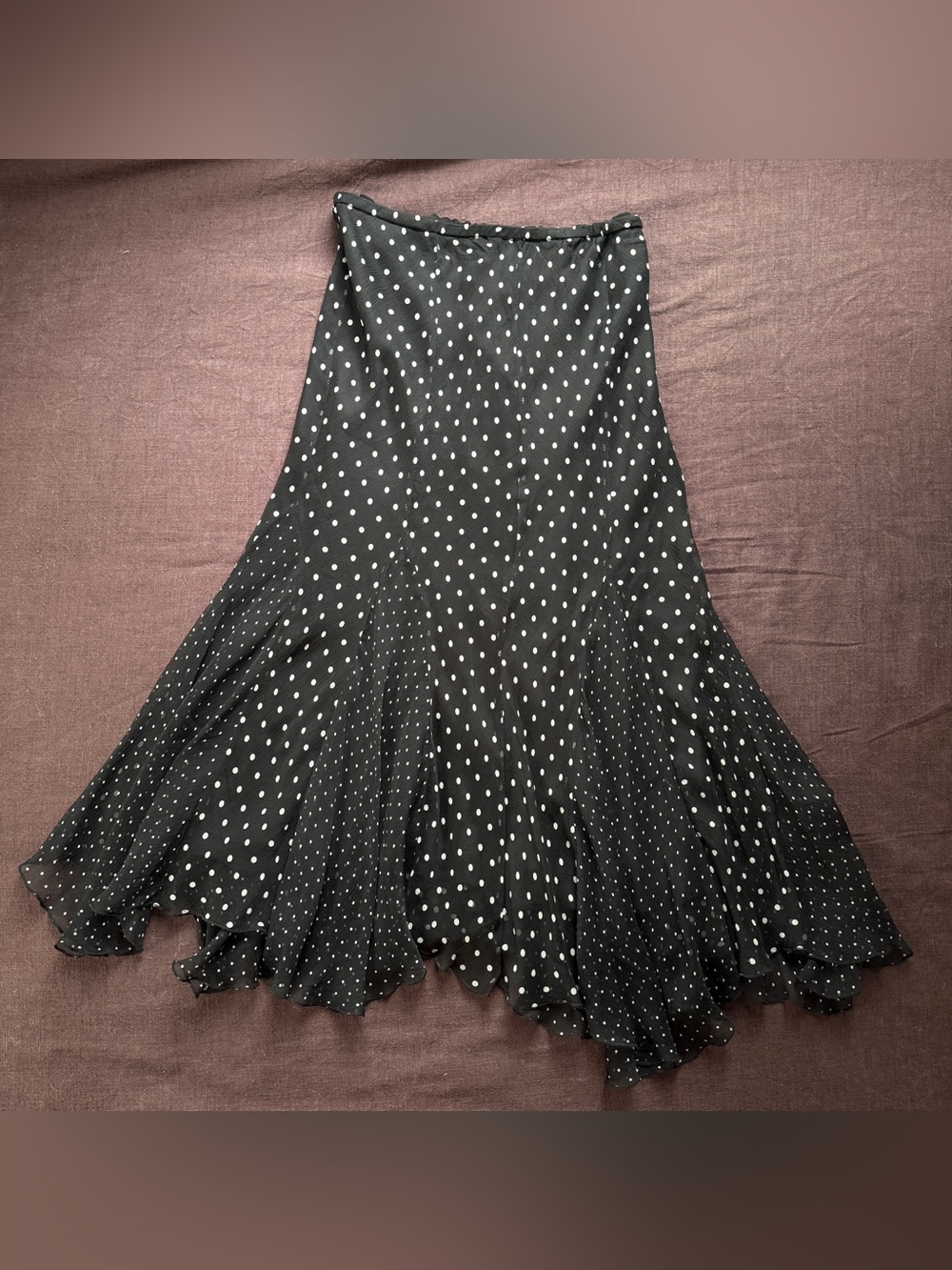 Vintage Y2K Black Polka Dot Bias Midi Skirt Flouncy Handkerchief Hem